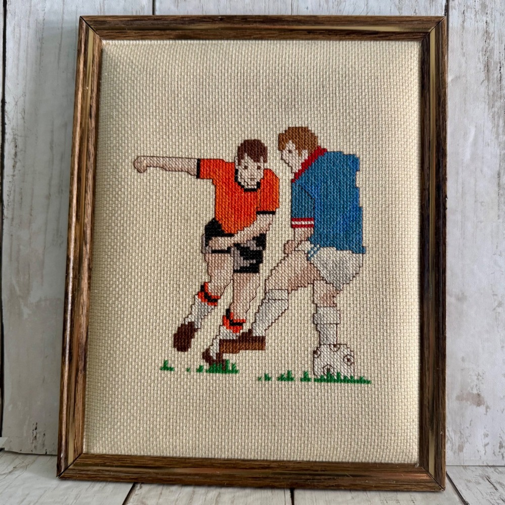 Vintage Framed Soccer Players Needlepoint Cross Stitch Sports Wall Art Decor